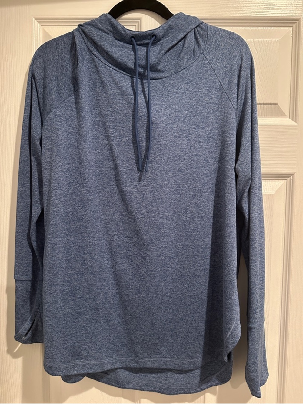 Athleta Heathered Navy Blue Cowl Neck Hooded Top